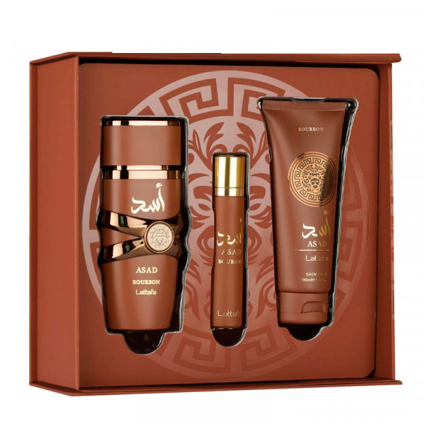 Asad Bourbon Perfume Gift Set Lattafa Conjunto ASAD BOURBON Lattafa em caixa castanha com três frascos