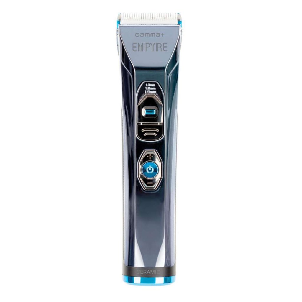 GAMMA PIU EMPYRE CLIPPER Máquina de cortar cabelo gamma+ EMPYRE preta e cinza com detalhes azuis