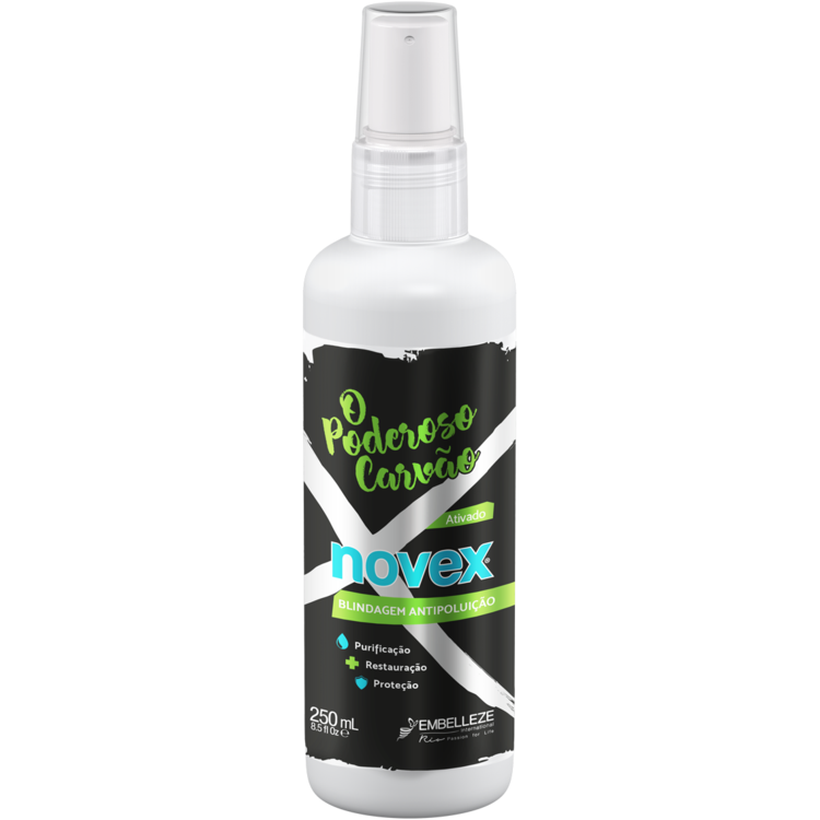 Novex Spray Leave-In O Poderoso Carvão 250ml Frasco spray do produto O Poderoso Carvão Novex com rótulo preto e verde