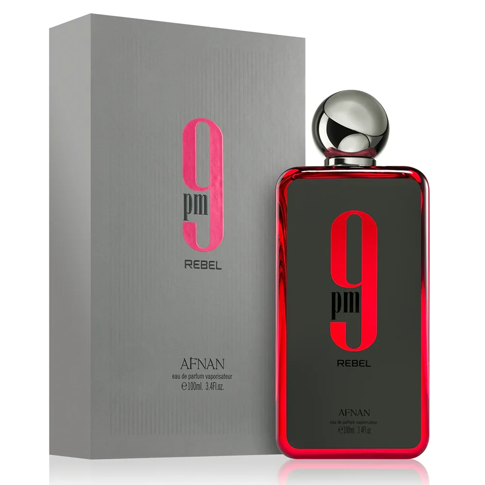 Afnan 9 Pm Rebel Unissex Eau De Parfum 100ml Frasco de perfume preto e vermelho com caixa cinzenta