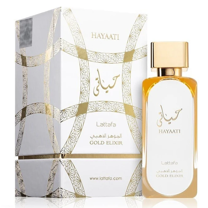Hayaati Gold Elixir Lattafa perfume Unissex 100ml (Original) Frasco de perfume HAYAATI Lattafa com embalagem branca e dourada