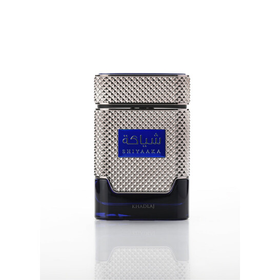 Khadlaj Shiyaaka Blue Eau de Parfum 100ml Masculino Frasco de perfume SHIYAAKA KHADLAJ com design texturizado prateado e azul escuro