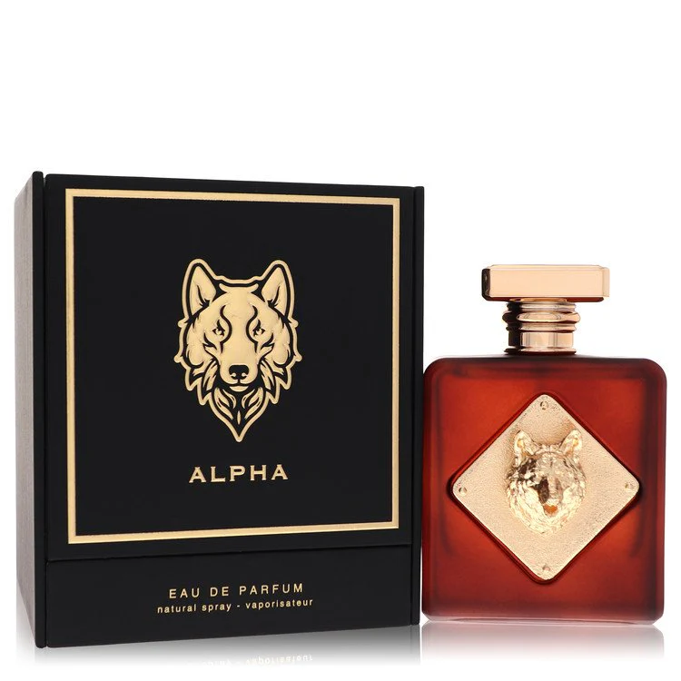 Alpha | Eau de parfum 100ml | Fragrance World Frasco de perfume castanho com emblema e embalagem preta com texto ALPHA