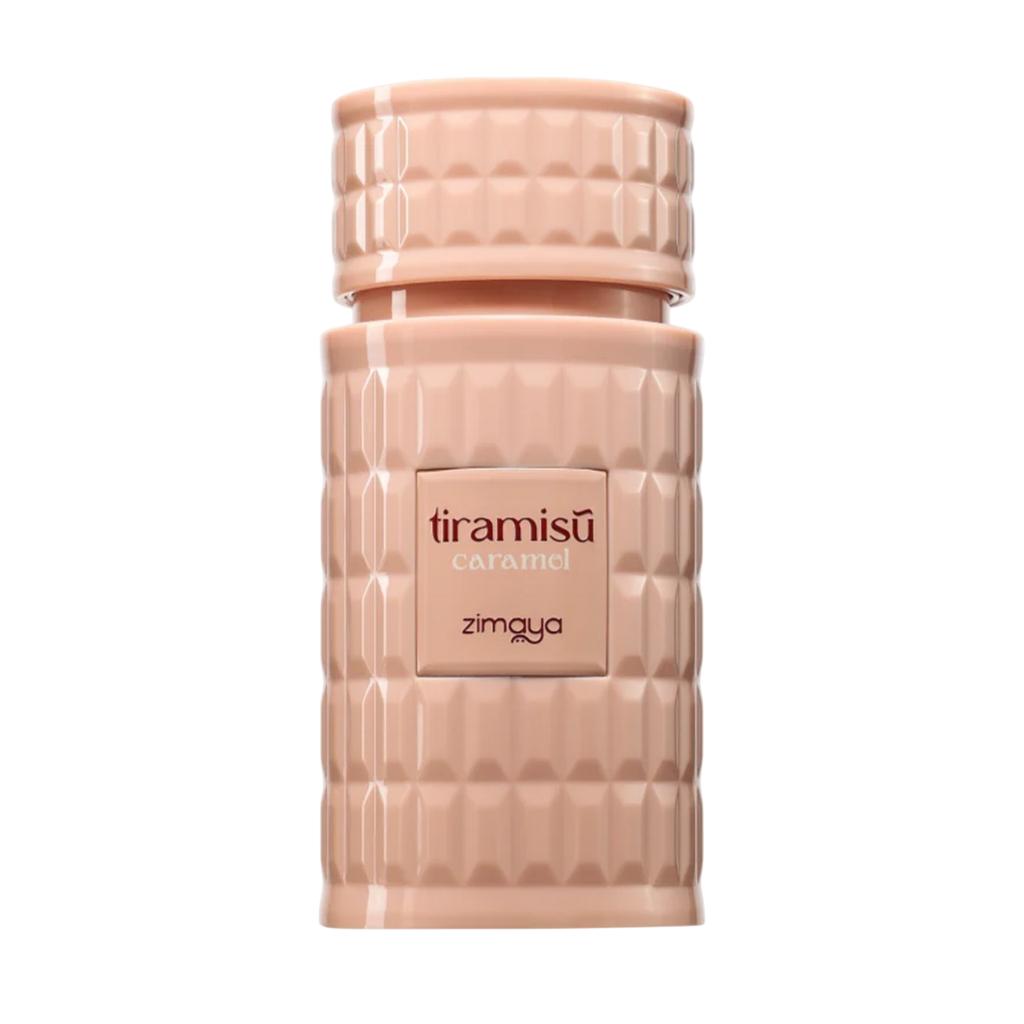 Zimaya Tiramisu Caramel Eau De Parfum Frasco beige com textura em relevo e rótulo tiramisu caramel zimaya