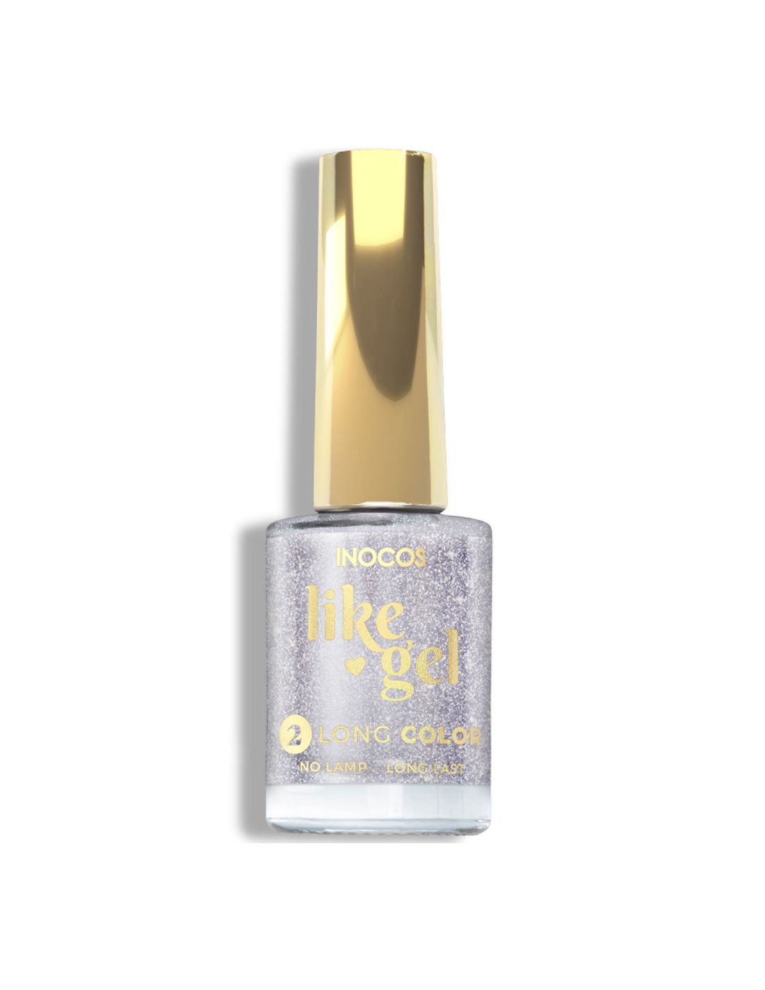 Verniz Like Gel 135 Glitter Prata - Inocos Esmalte de unhas prateado Inocos Like Gel com tampa dourada
