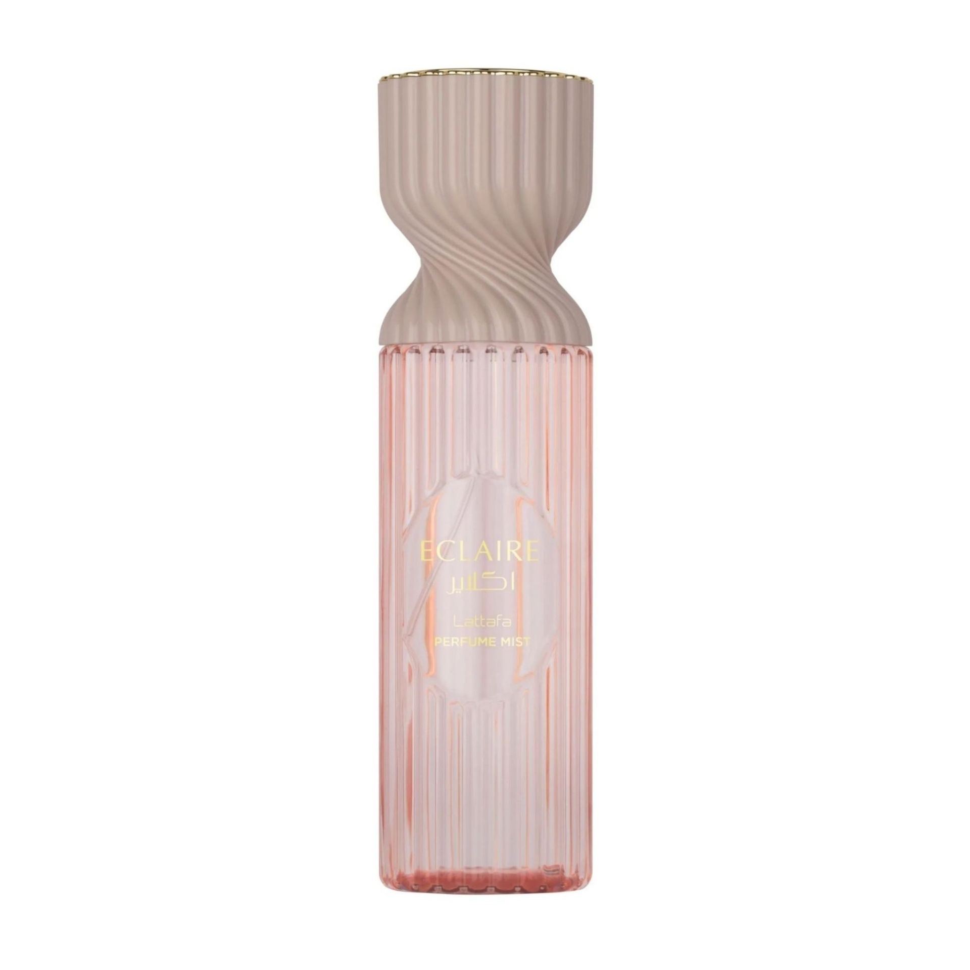 Lattafa Eclaire Women Body Mist 250ml Frasco de perfume rosa com tampa rosa texturada e detalhes dourados