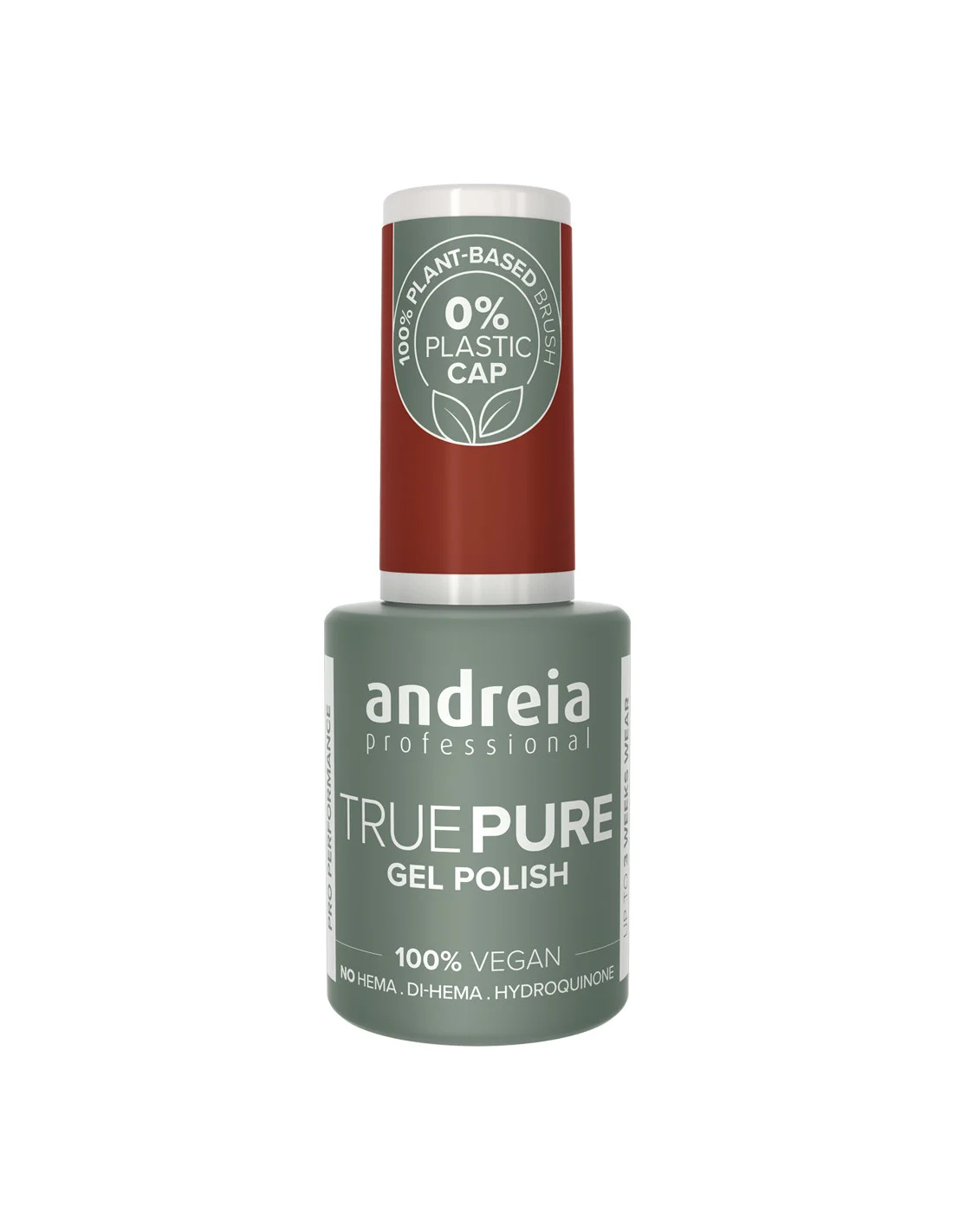 Andreia True Pure Gel Polish 0% Plastic T33 10.5ml Frasco de verniz gel verde com tampa branca e rótulo vermelho e verde