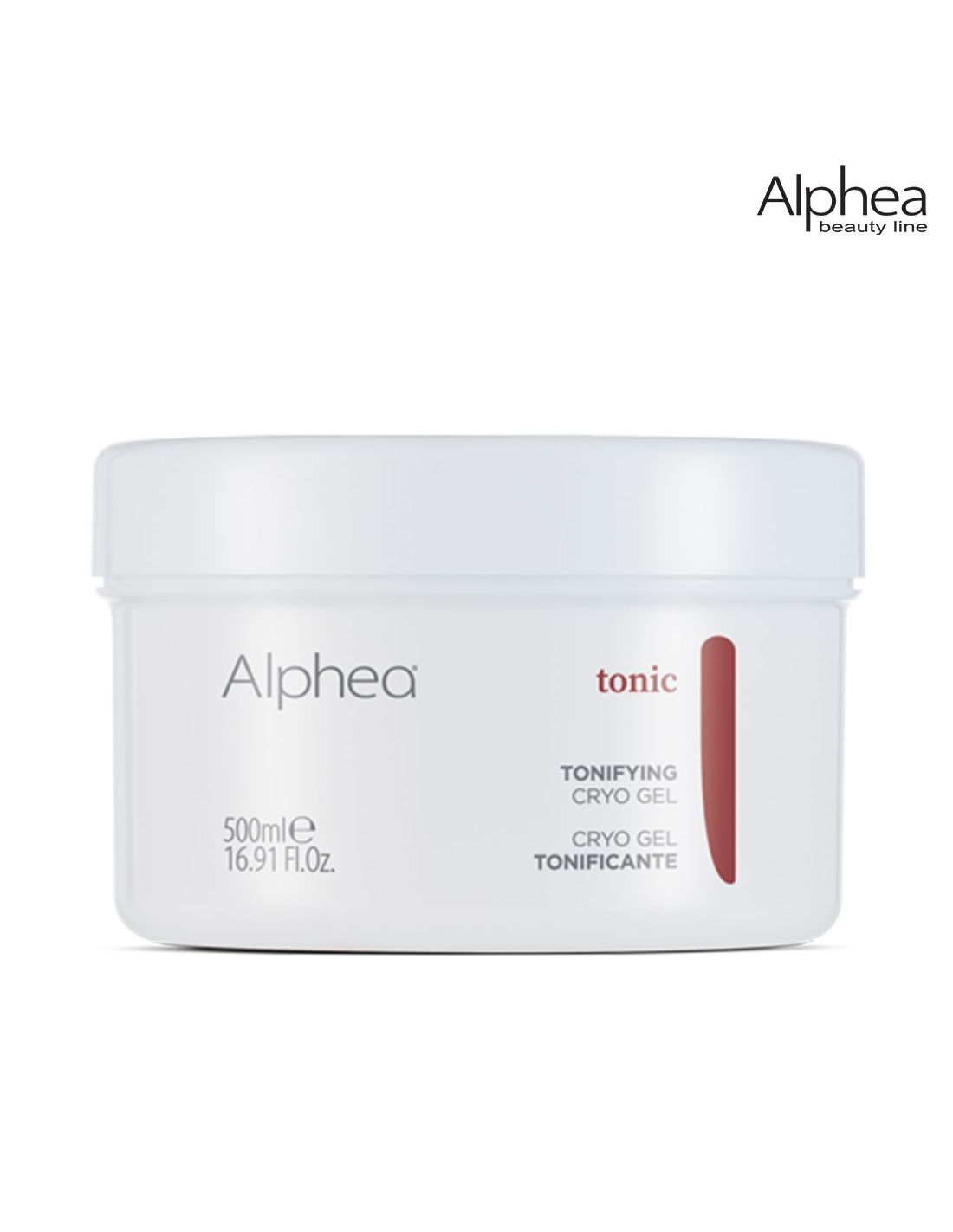 Cryo Gel Corporal 500ml - Gel Térmico - Tonic - Alphea Frasco branco de gel tonificante Alpheia com texto em cinza e vermelho