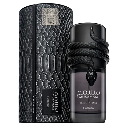 Lattafa - Musamam Black Intense 100ml frasco preto decorado com serpente e caixa preta com textura de pele de cobra