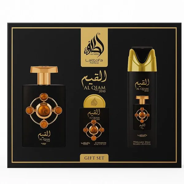 Lattafa Pride Al Quiam Gold coffret para mulheres Conjunto de perfume AL QIAM 2010 em caixa preta com frascos pretos e detalhes dourados