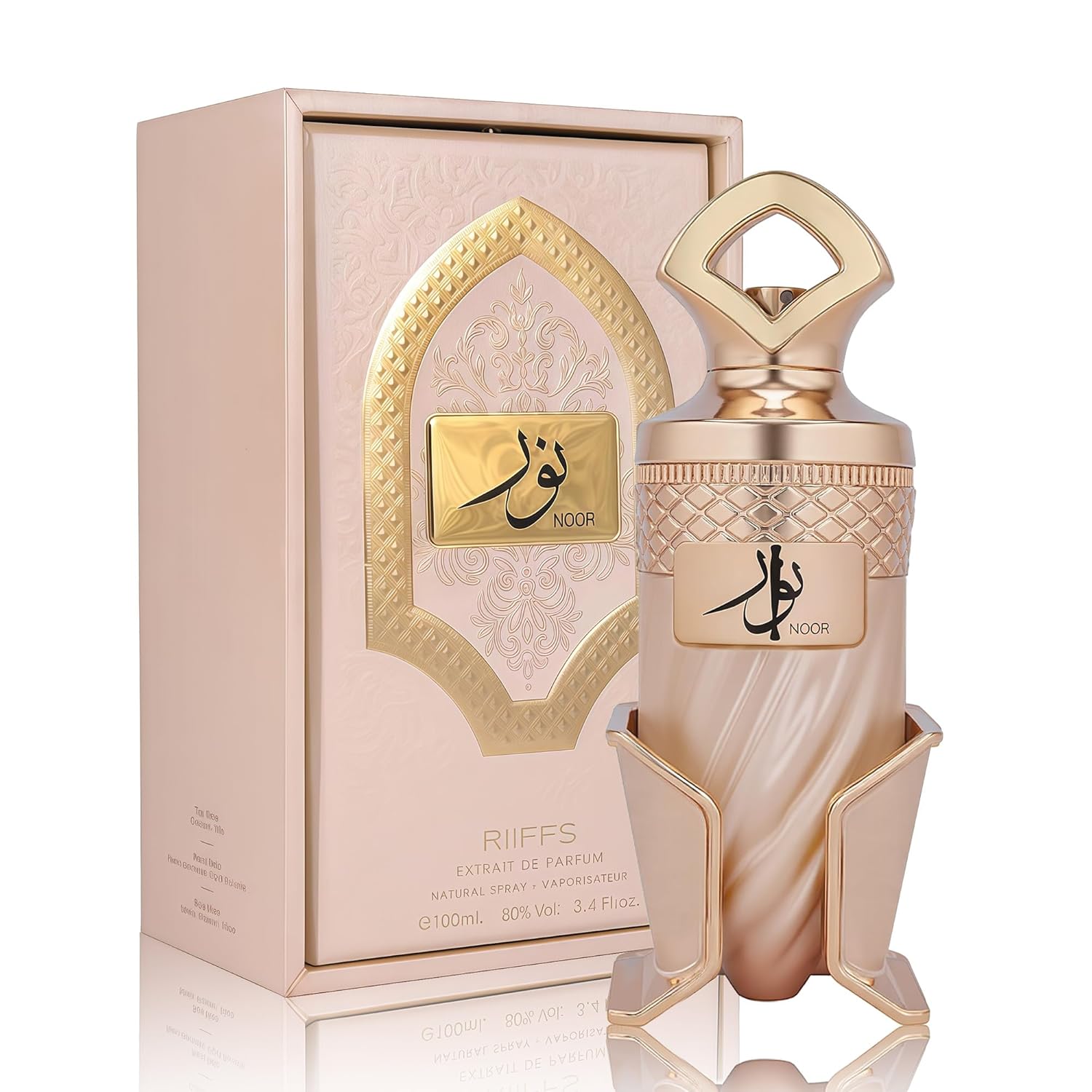 Riiffs Noor Extrait de Parfum 100ml Frasco de perfume dourado e rosa com caixa em rosa claro e dourado