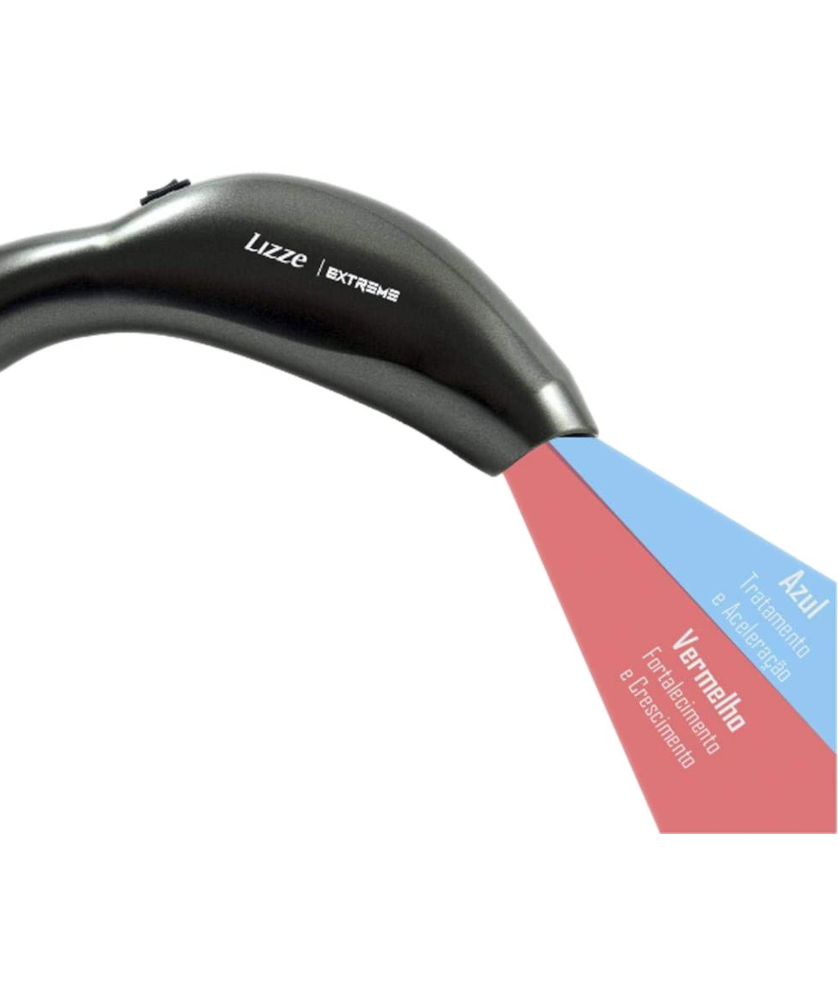 Lizze Photon Extreme Dispositivo preto curvado com projeção de luzes azul e vermelha e texto descritivo
