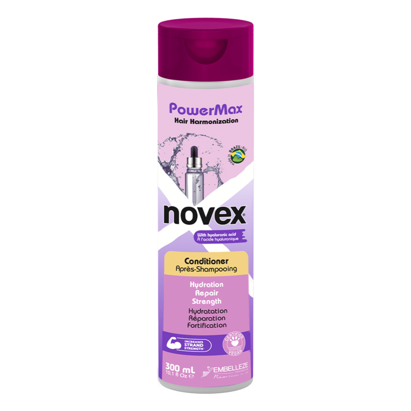 Novex PowerMax Harmonização Capilar Condicionador 300ml Condicionador Novex PowerMax em embalagem lilás com tampa roxa e texto em inglês e francês