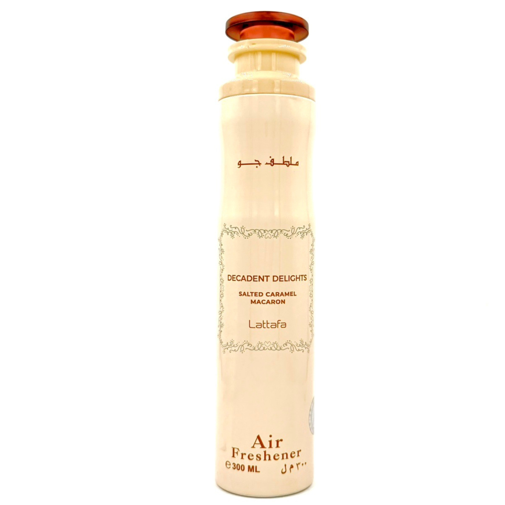 Lattafa Decadent Delights Salted Caramel Macaron Air Freshener 300ml Frasco bege de ambientador de ar decorado com texto e tampa marrom