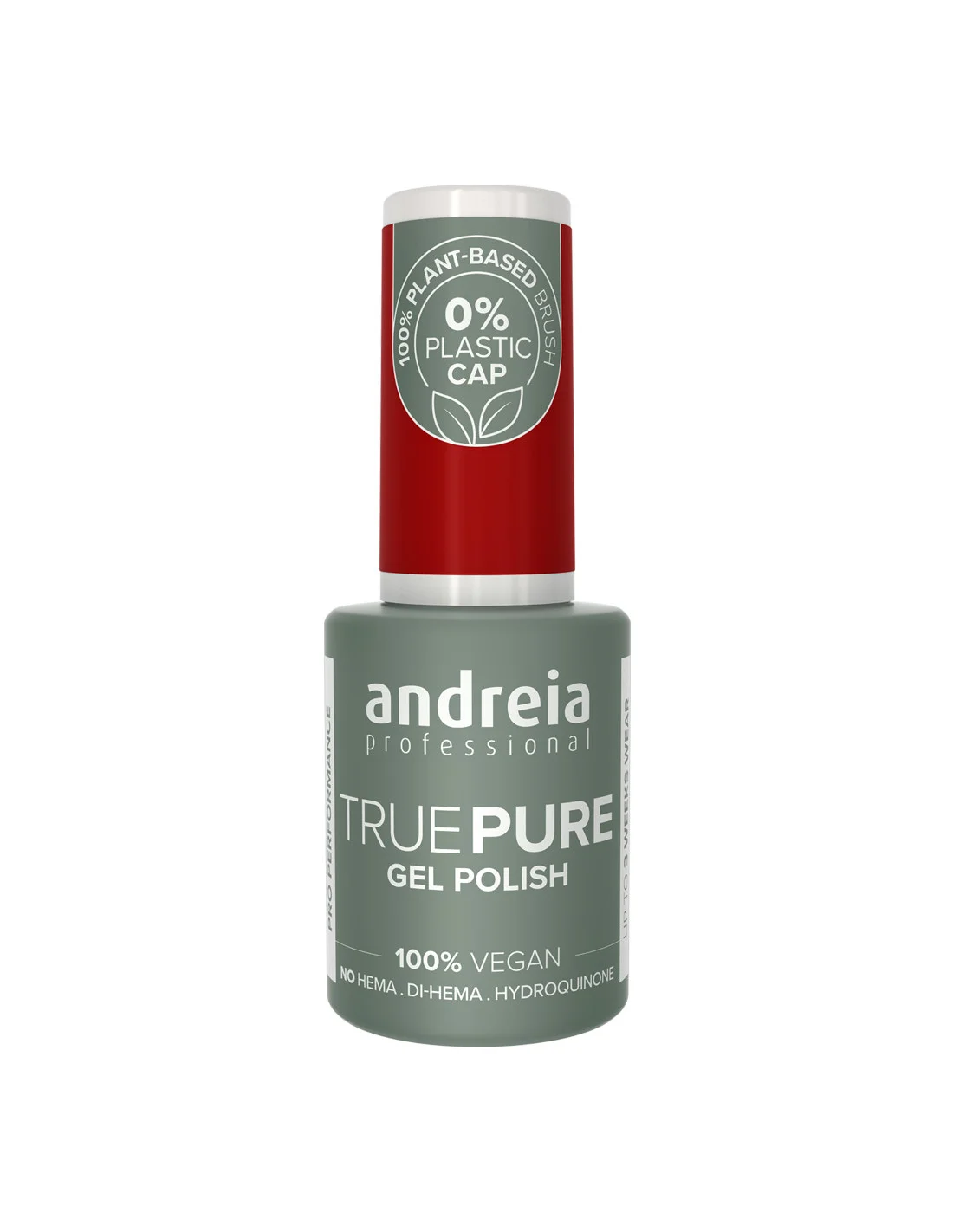 Andreia True Pure Gel Polish 0% Plastic T37 10.5ml Frasco de verniz gel Andreia Professional True Pure com tampa vermelha e corpo cinzento.