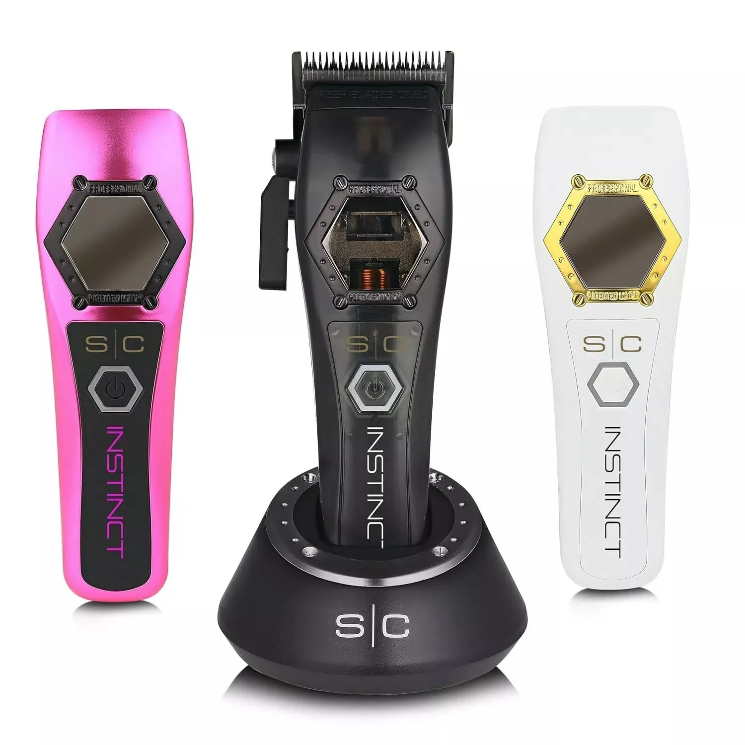 STYLECRAFT MAQUINA CORTE METAL EDITION INSTINCT Máquinas de cortar cabelo profissionais INSTINCT nas cores preta, rosa e branca com detalhes hexagonais metálicos.