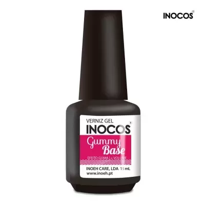 Frasco de verniz gel INOCOS Gummy Base com rótulo branco e rosa