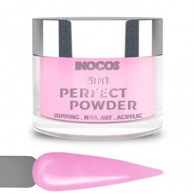 Pô acrílico rosa claro INOCOS 3IN1 Perfect Powder com tampa prateada ao lado de amostra do pó