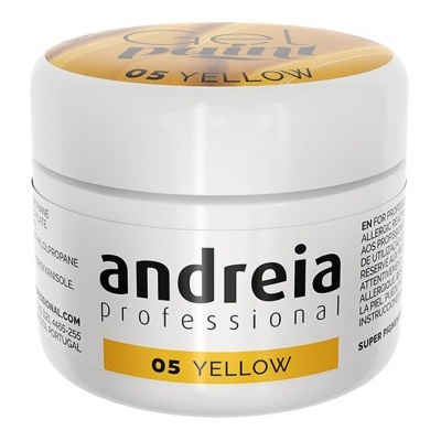 Pote branco com tampa amarela e rótulo 'andreia professional 05 YELLOW'