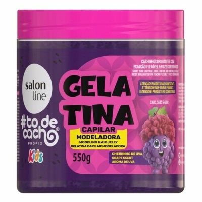 Gelatina capilar modeladora para crianças, embalagem roxa e rosa, aroma de uva, texto em português.