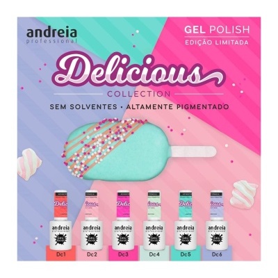 Caixa de vernizes de gel com seis cores da coleção Delicious da Andreia Professional