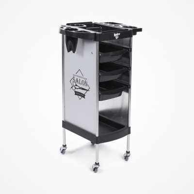 Carrinho organizador de salão em metal prateado e plástico preto com gavetas e rodas