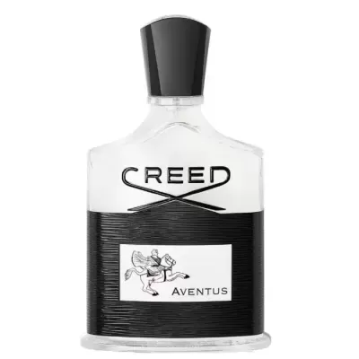 Frasco de perfume Creed Aventus preto e transparente com rótulo branco