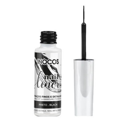 Frasco de verniz nail liner preto com tampa prateada e pincel fino