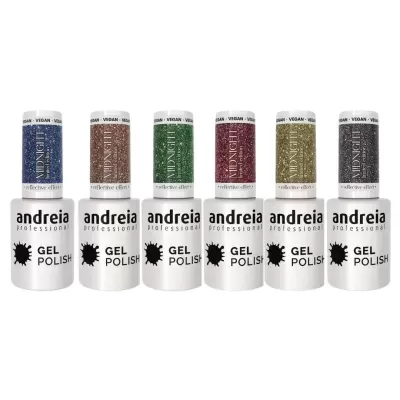 Seis frascos de verniz gel Andreia Professional de várias cores brilhantes
