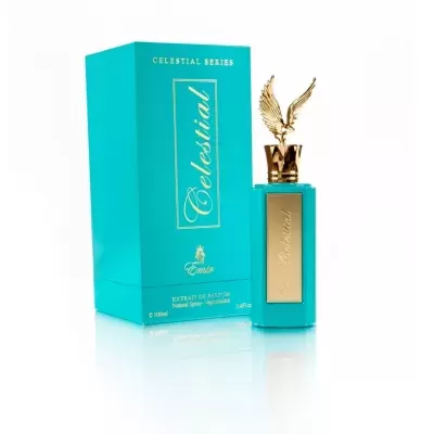 Frasco de perfume azul turquesa com tampa dourada em forma de águia e caixa azul turquesa com texto dourado