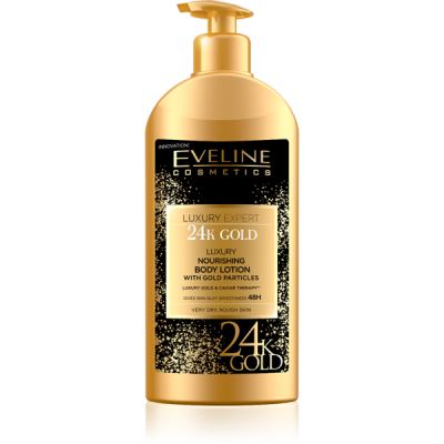 Frasco dourado de loção corporal Eveline Cosmetics 24k Gold com tampa de bomba