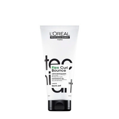 Frasco de creme profissional L'Oréal Flex Curl Bounce branco com tampa preta.