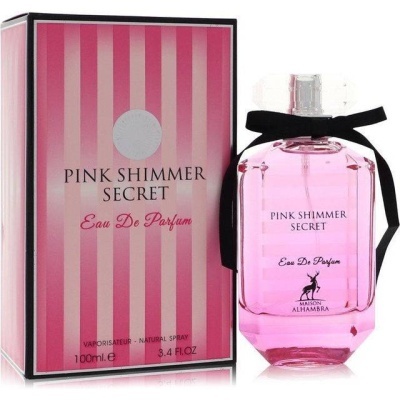 Frasco e caixa de perfume rosa Pink Shimmer Secret com laço preto