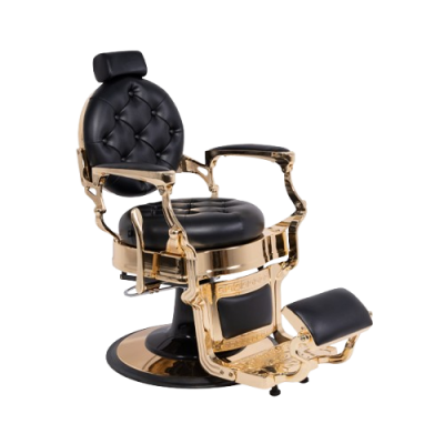 Cadeira de barbeiro preta com estrutura dourada e apoio para pés