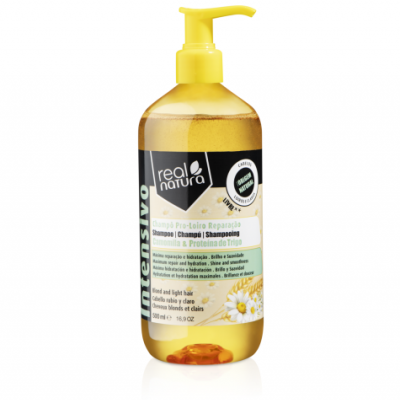 Frasco de champô amarelo Real Natura Intensivo com doseador