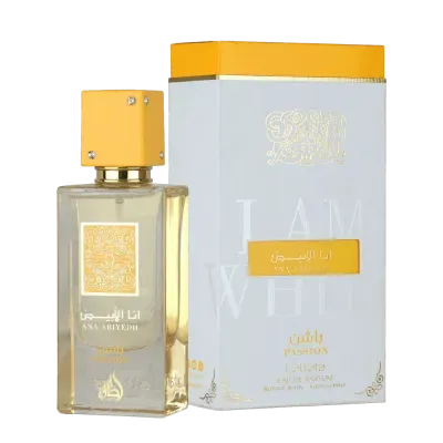 Frasco de perfume Lattafa ANA ABIYEDH PASSION com caixa branca e amarela