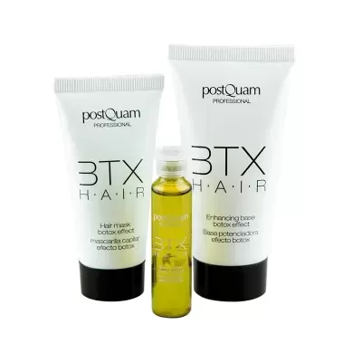 Produtos para cabelo postQuam PROFESSIONAL BTX HAIR em tubos brancos e frasco amarelo