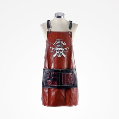 Avental de barbeiro castanho com bolso preto e estampa de caveira