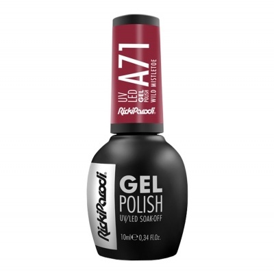 Frasco de verniz gel preto e vermelho com texto branco