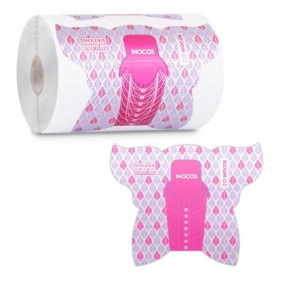 Rolo e molde de papel para unhas com padrão rosa lilás e branco e texto INOCOS