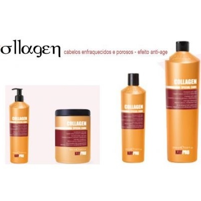 Produtos Collagen para cabelos enfraquecidos e porosos com efeito anti-age em embalagens laranja