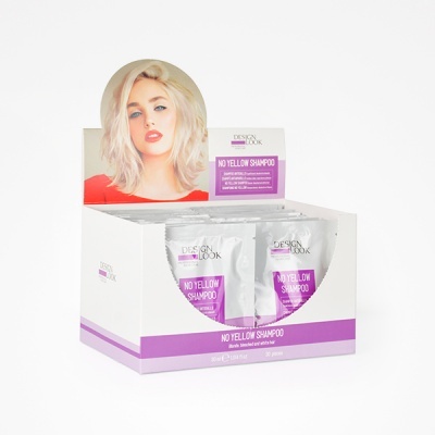 Caixa branca e lilás com ampolas de champô No Yellow Shampoo da Design Look