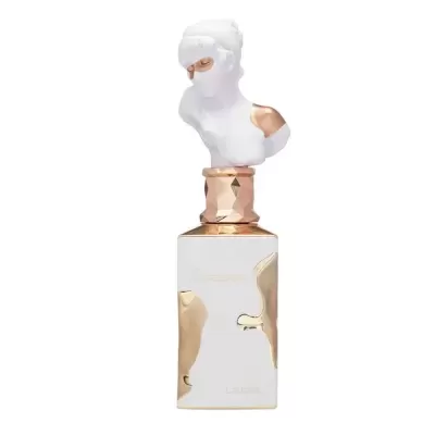Frasco de perfume branco com detalhes dourados e busto branco estilizado no topo