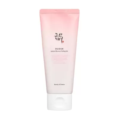 Frasco de gel esfoliante rosa e branco com texto em cores preta