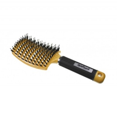 Escova de cabelo tipo raquete com base amarela e cerdas pretas