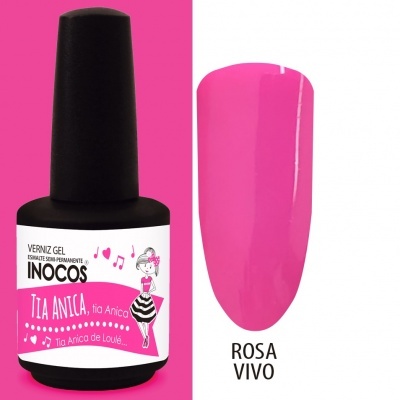 Verniz gel Inocos cor Rosa Vivo com rótulo rosa e branco e ilustração feminina