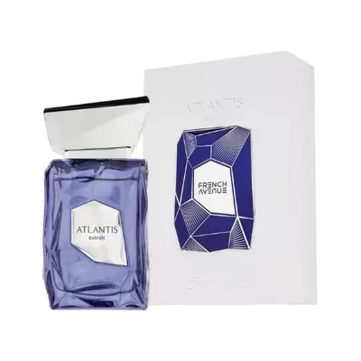 Frasco de perfume Atlantis extrait em vidro azul e caixa branca com padrão azul