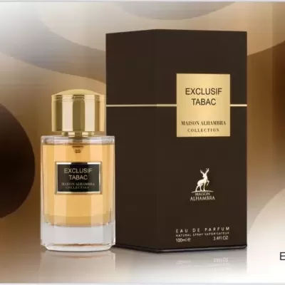 Frasco de perfume EXCLUSIF TABAC com caixa preta e detalhes dourados.