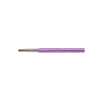 Pincel de maquilhagem roxo com desenhos brancos e cerdas castanho claro