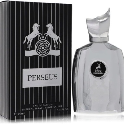 Perfume PERSEUS com embalagem preta riscada e garrafa prateada com selo preto